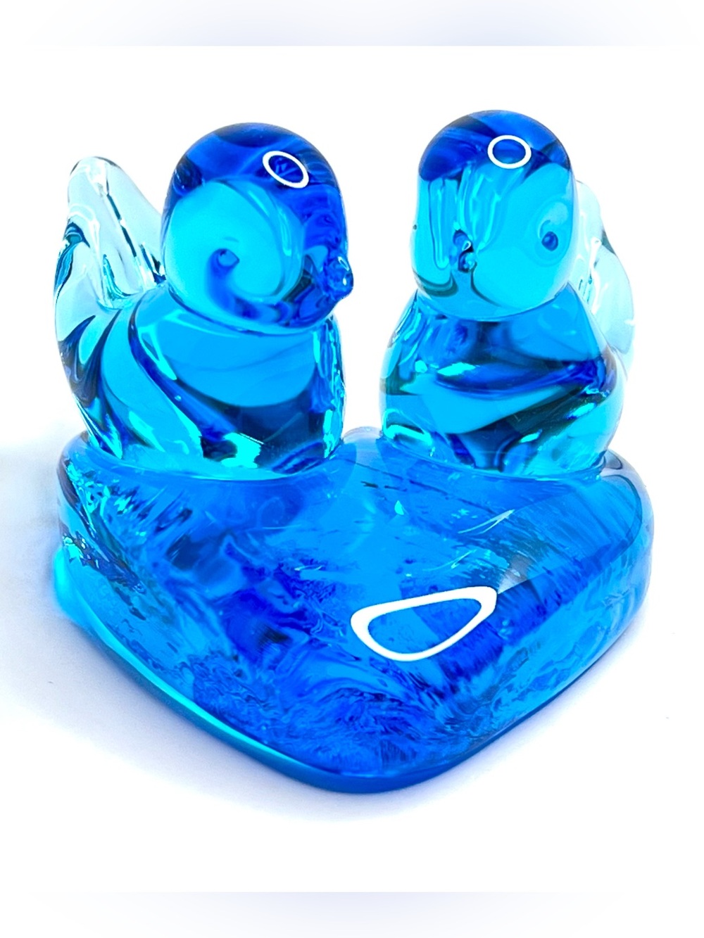 Leo Ward Bluebird of Happiness Double Birds Heart Art Glass Signed 2000